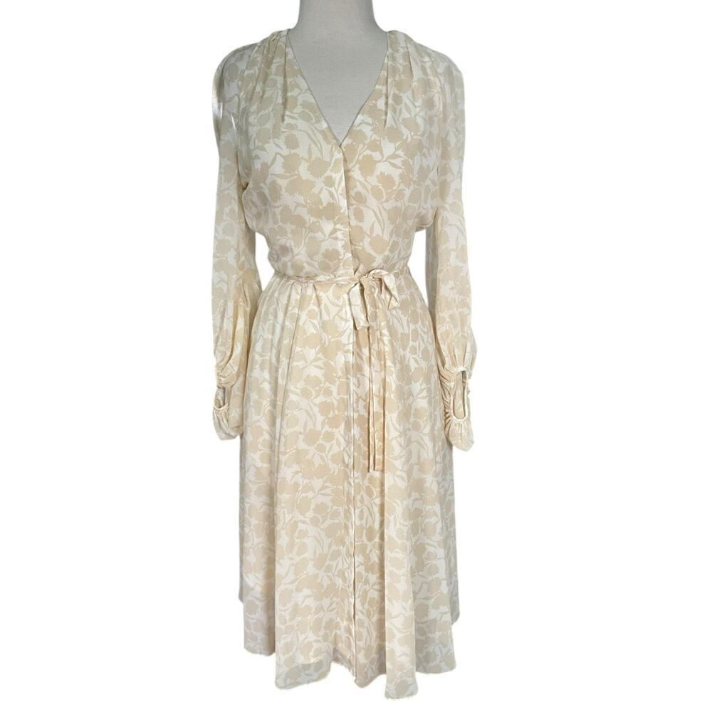 Gal Meets Glam Beige Chiffon Button-Down Midi Dress Women’s Size 4 Belted NWOT
